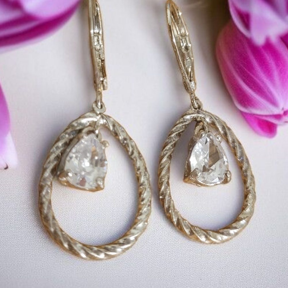 Avon Silver Teardrop Clear Stone Earrings CZ